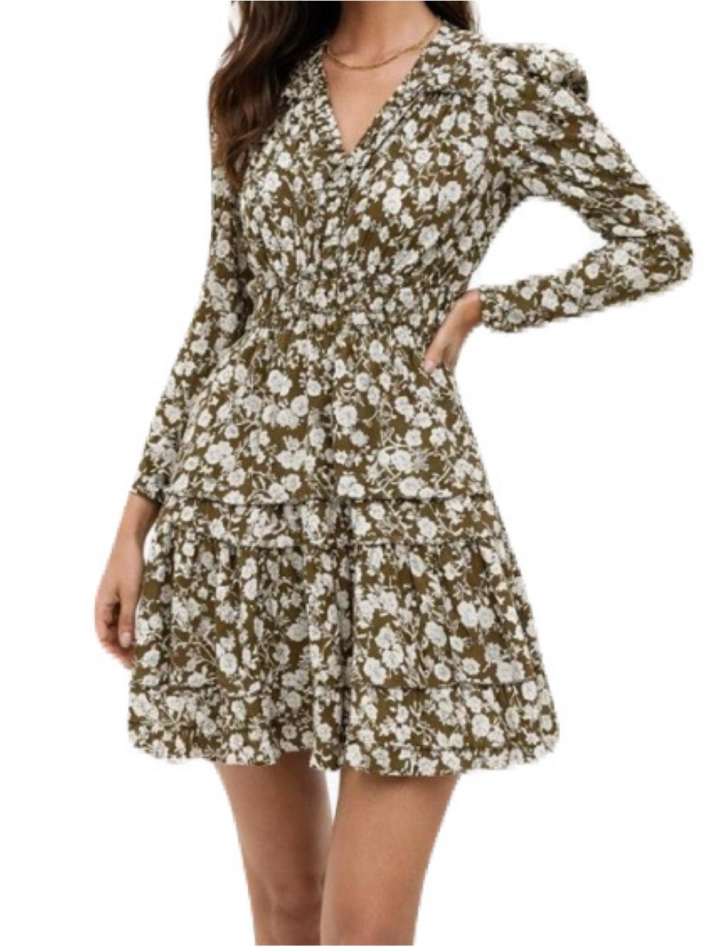 Hyacinth House XXS Olive Floral Tiered Ruffle V-Neck Mini Dress Cottagecore